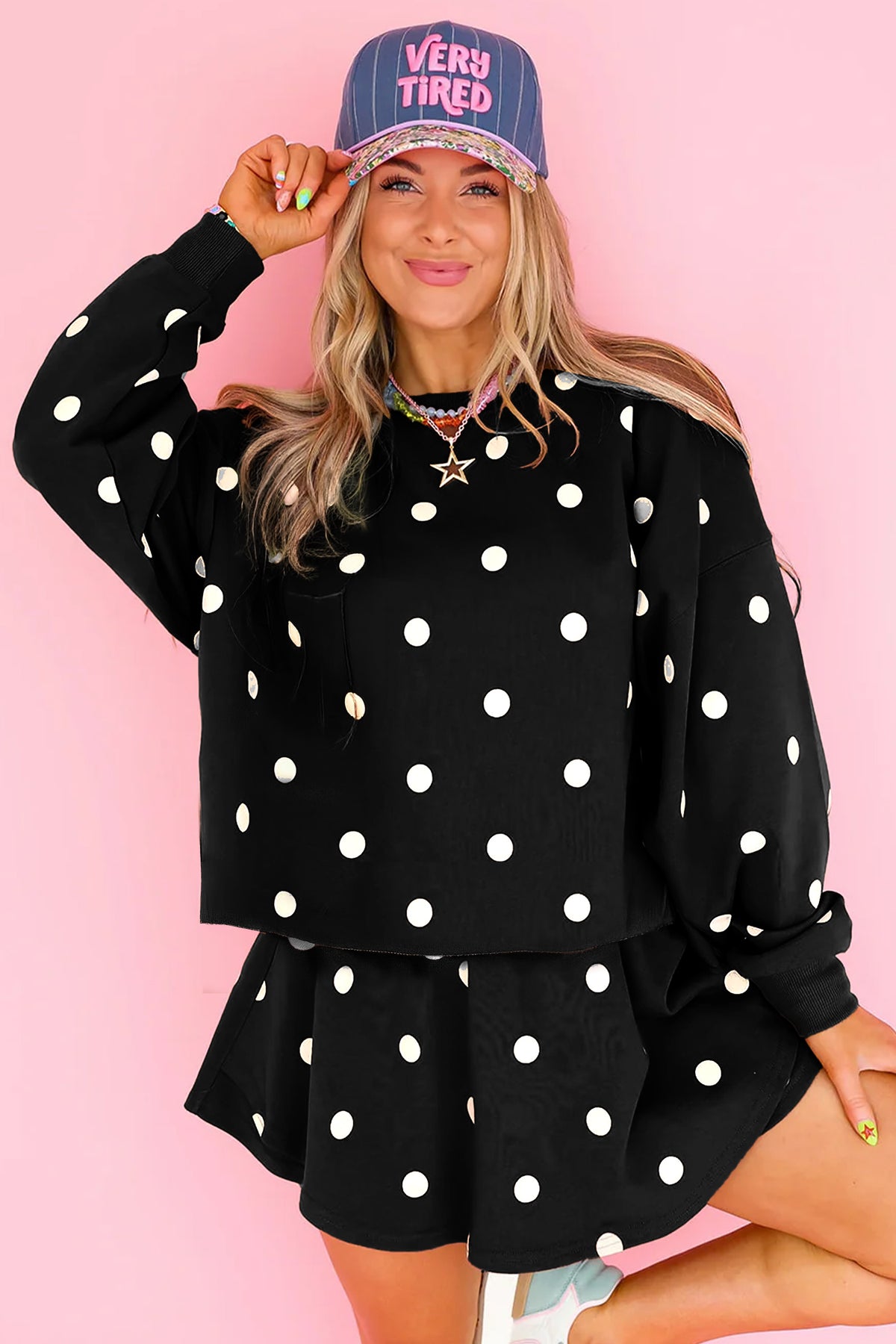Brown Polka Dot Raw Hem Relaxed Pullover Loose Skort Two Piece Set
