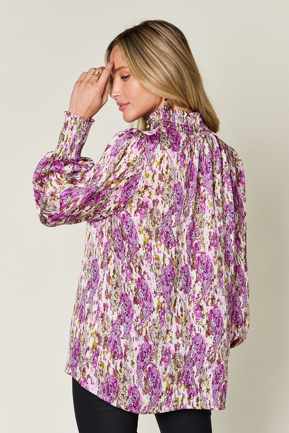 Abstract Smocked High Neck Long Sleeve Blouse