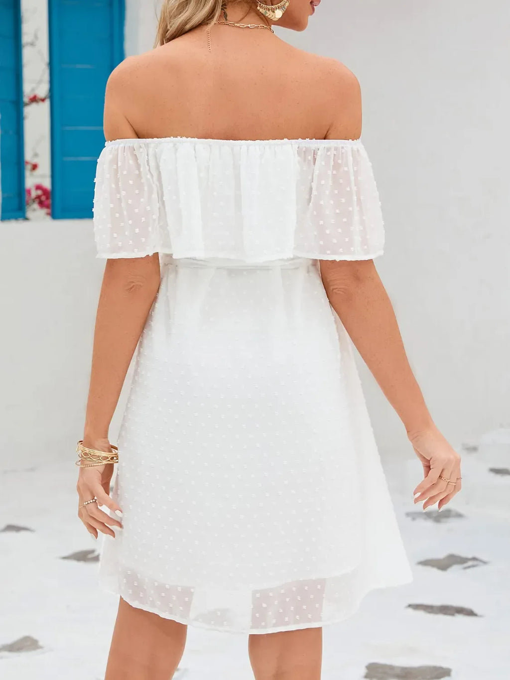 Off Shoulder Short Sleeve Mini Dress Bazaare Mart Off Shoulder Swiss Dot Dress