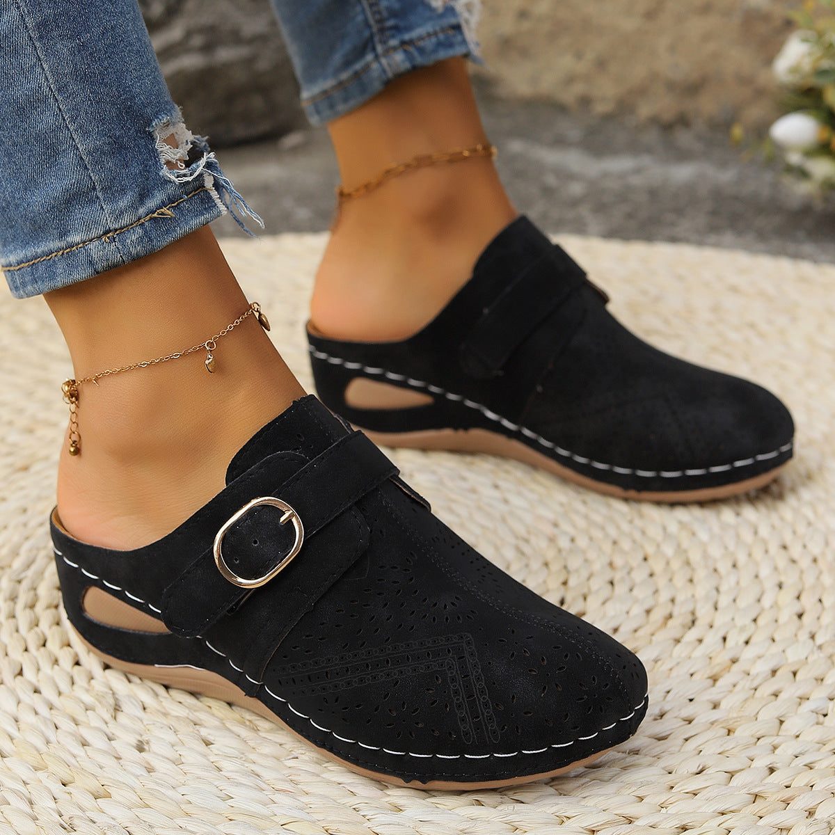 Suede Round Toe Wedge Slip On Shoes