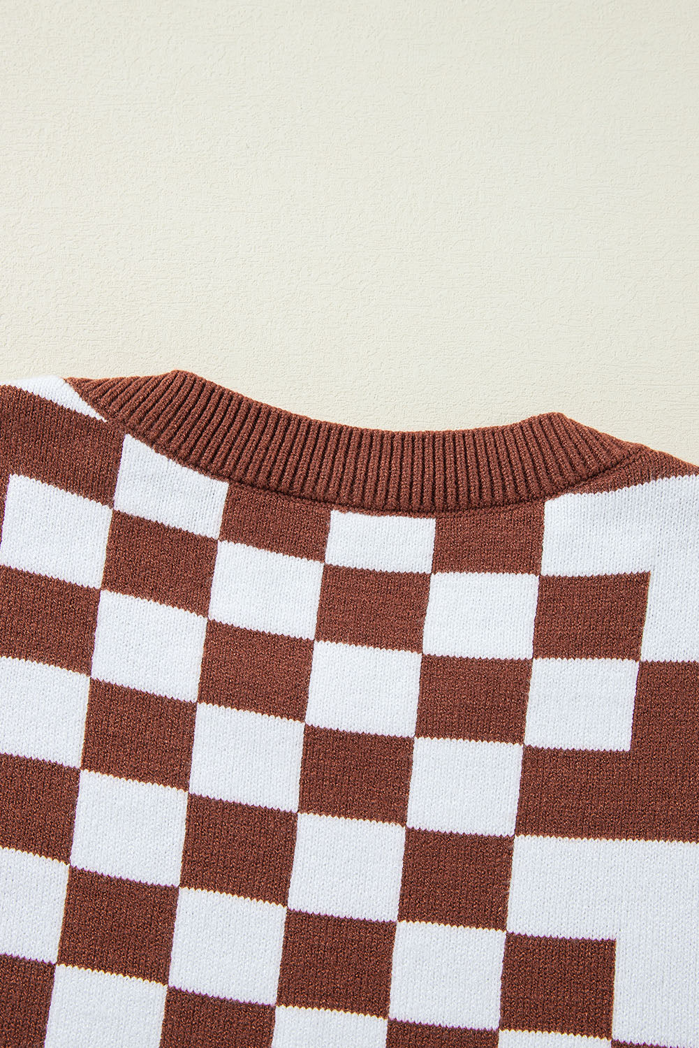 Brown Checkered Drop Shoulder Round Neck Sweater