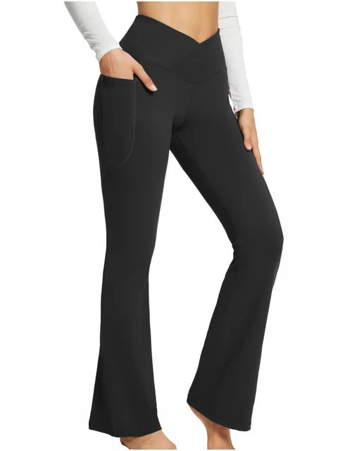 Flare Leggings, Mid Waist Crossover Yoga Pants