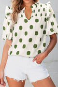 Polka Dot Shirred Yoke Notched Neck Puff Sleeve Blouse Matcha Green Bazarre Mart Polka Dot Shirred Yoke Notched Neck Puff Sleeve Shirt