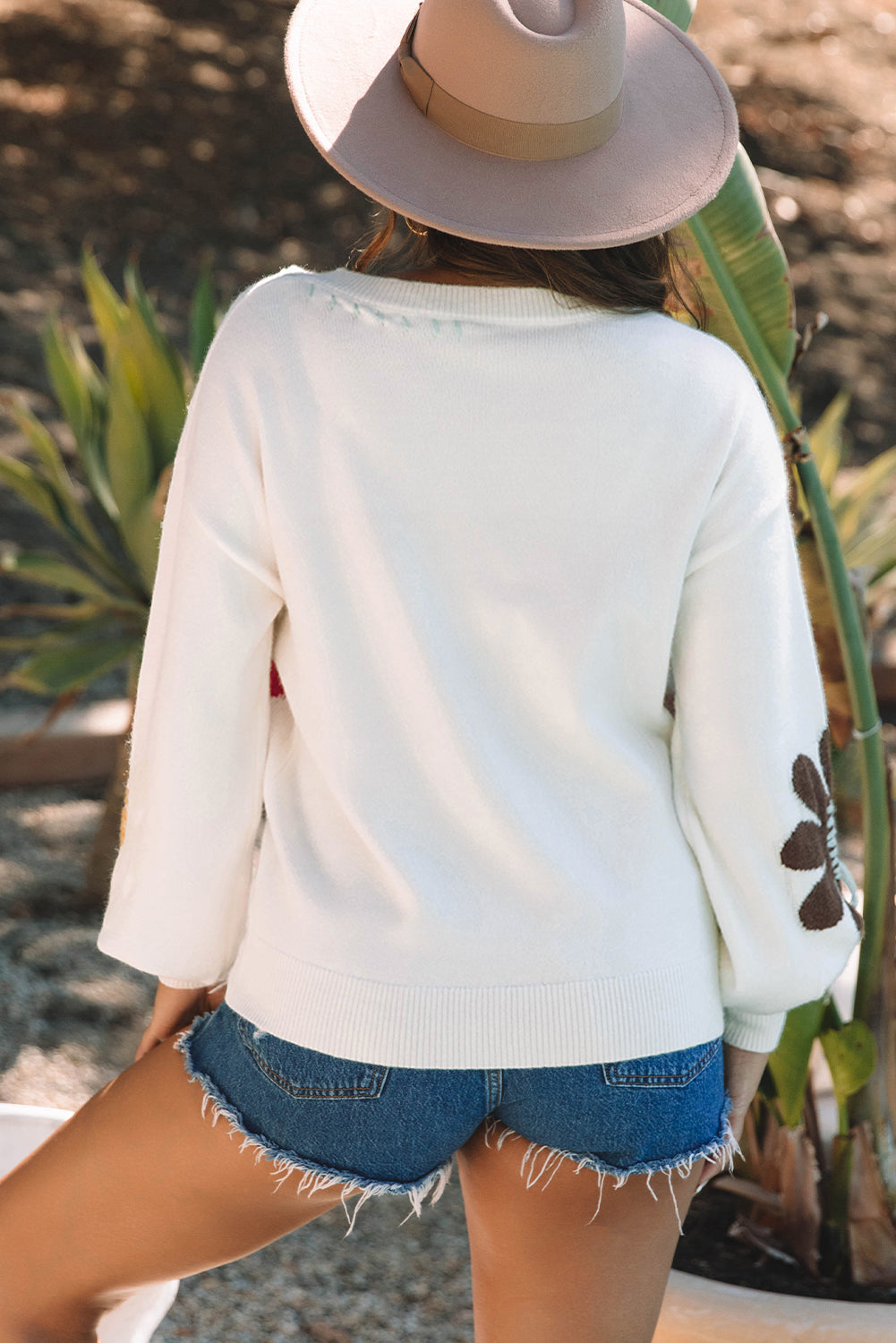 Big Flower V Neck Drop Shoulder Sweater