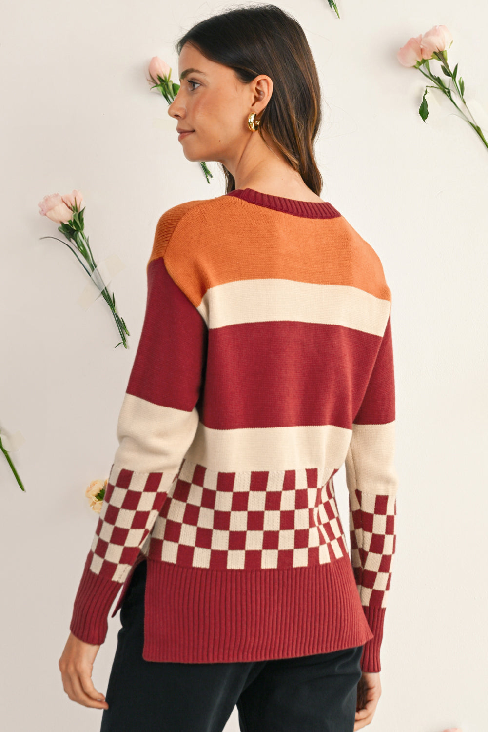 Brown Checkered Colorblock Knitted Drop Shoulder Sweater
