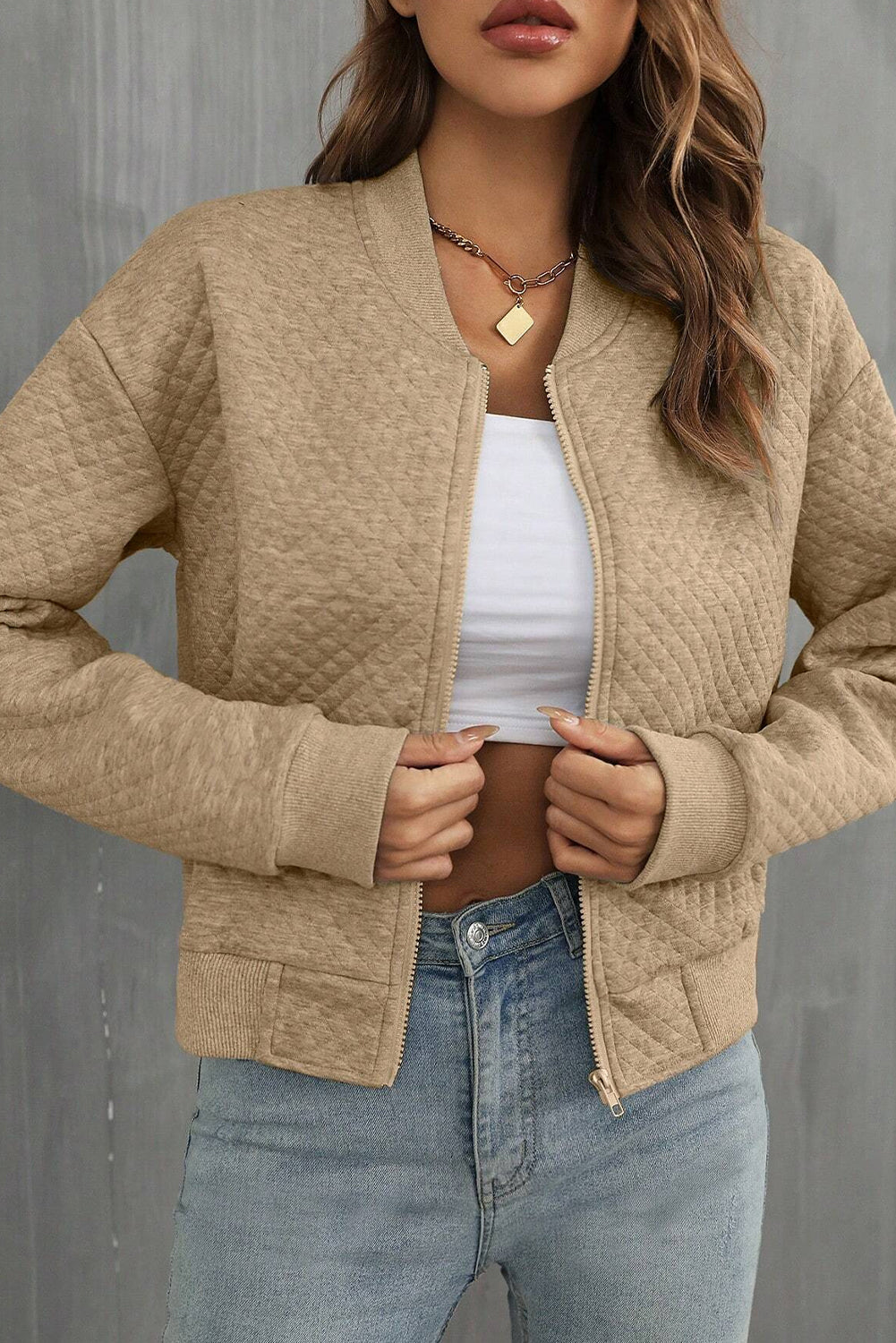Pale Khaki Solid Textured Baseball Collar Jacket Dear-Lover Dropshipping Outerwear/Jackets