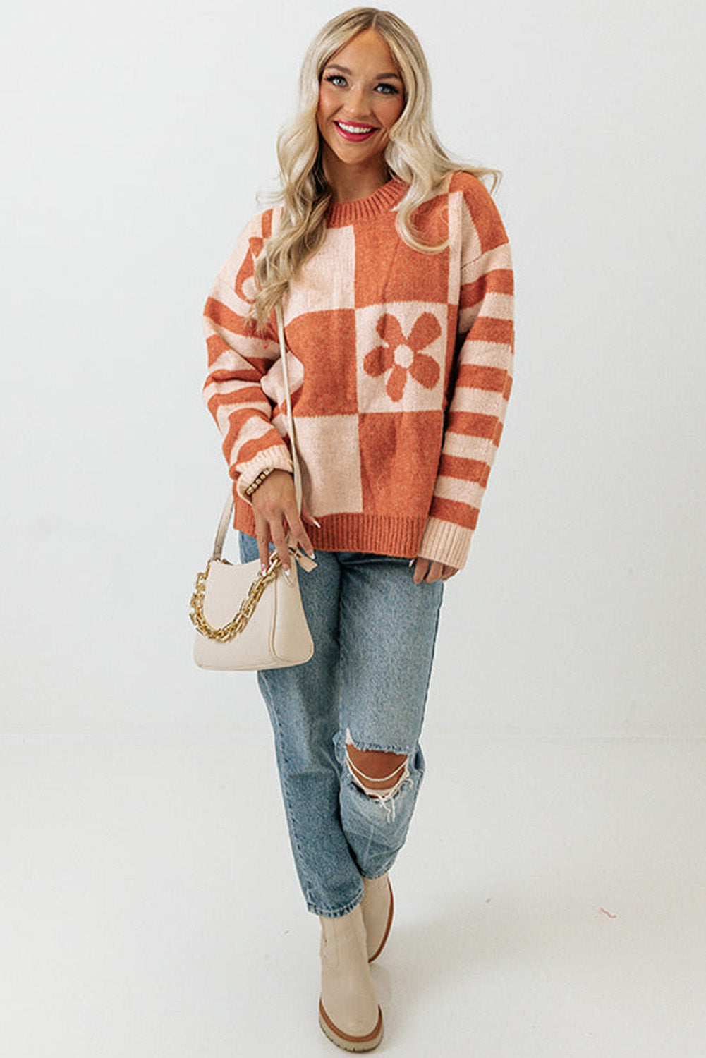 Checkered Floral Print Striped Sleeve Sweater