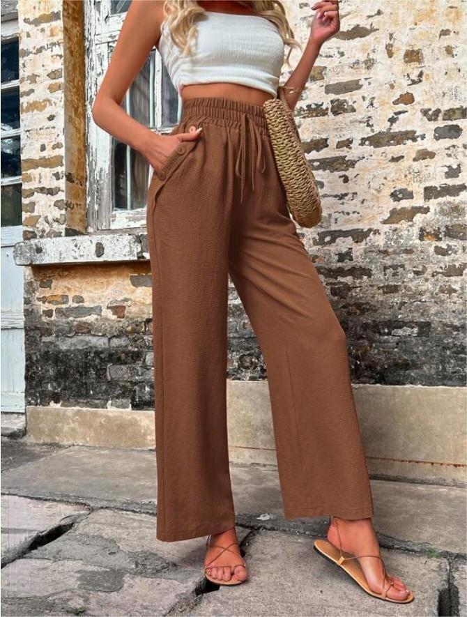 Brown Casual Drawstring High Waist Pants