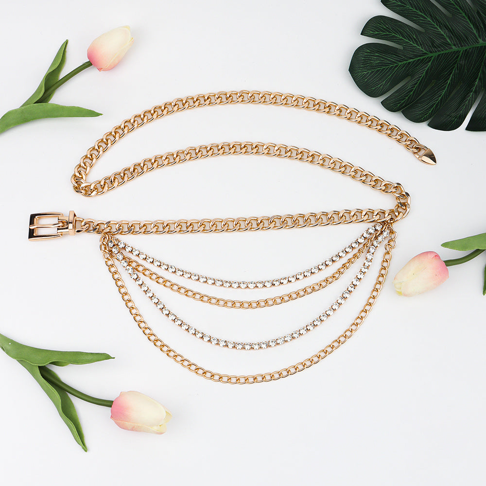 Gold Chain Belt Hollow Rhinestone Multi-layer Chain Belt