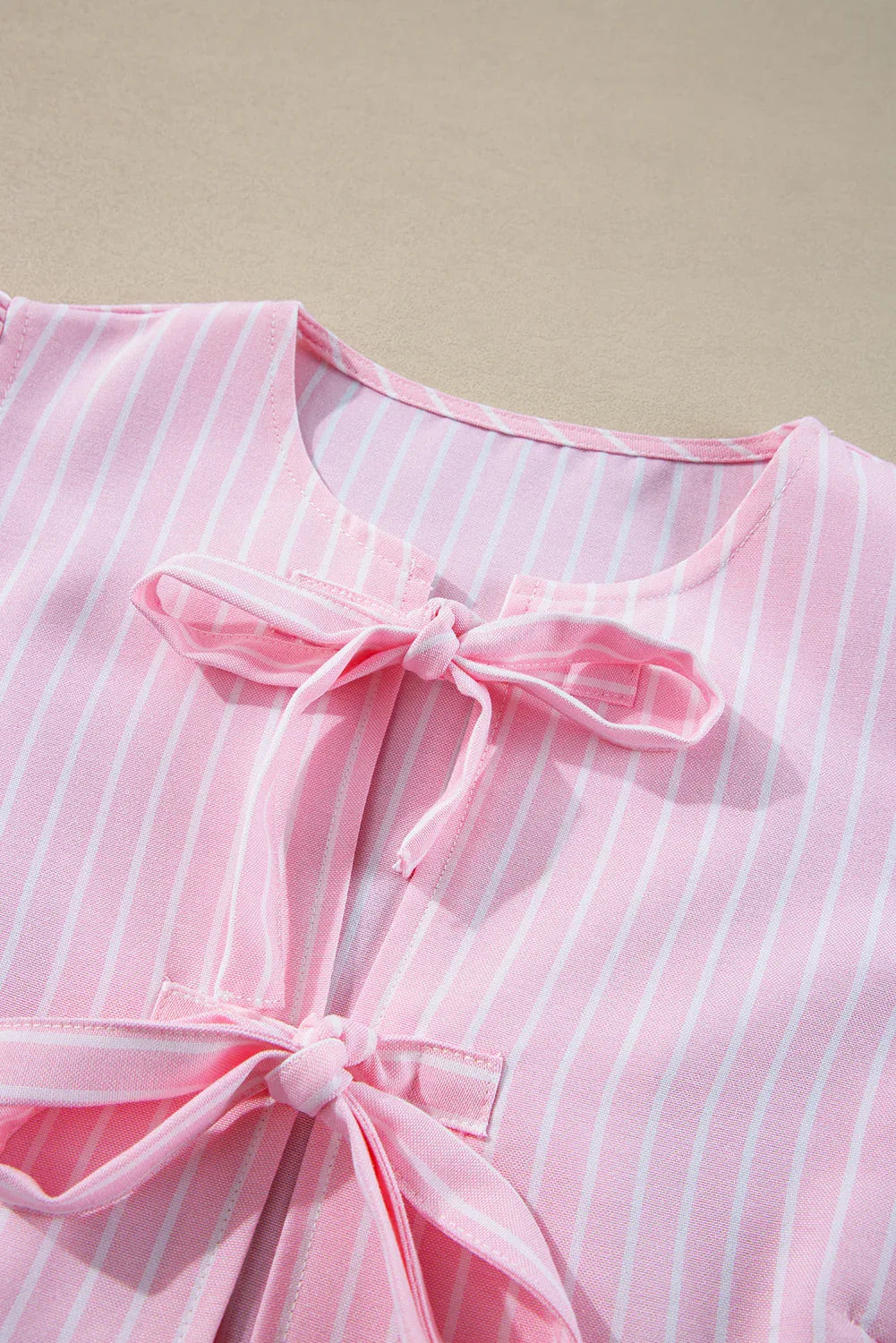 Pink Stripe Bowknot Front Crew Neck Puff Sleeve Blouse Bazarre Mart Tops/Blouses & Shirts