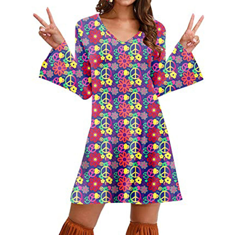 Retro ’70s Hippie Print A-Line Mini Dress Flower Color CJ Dropshipping Long Sleeve Hippie Dress