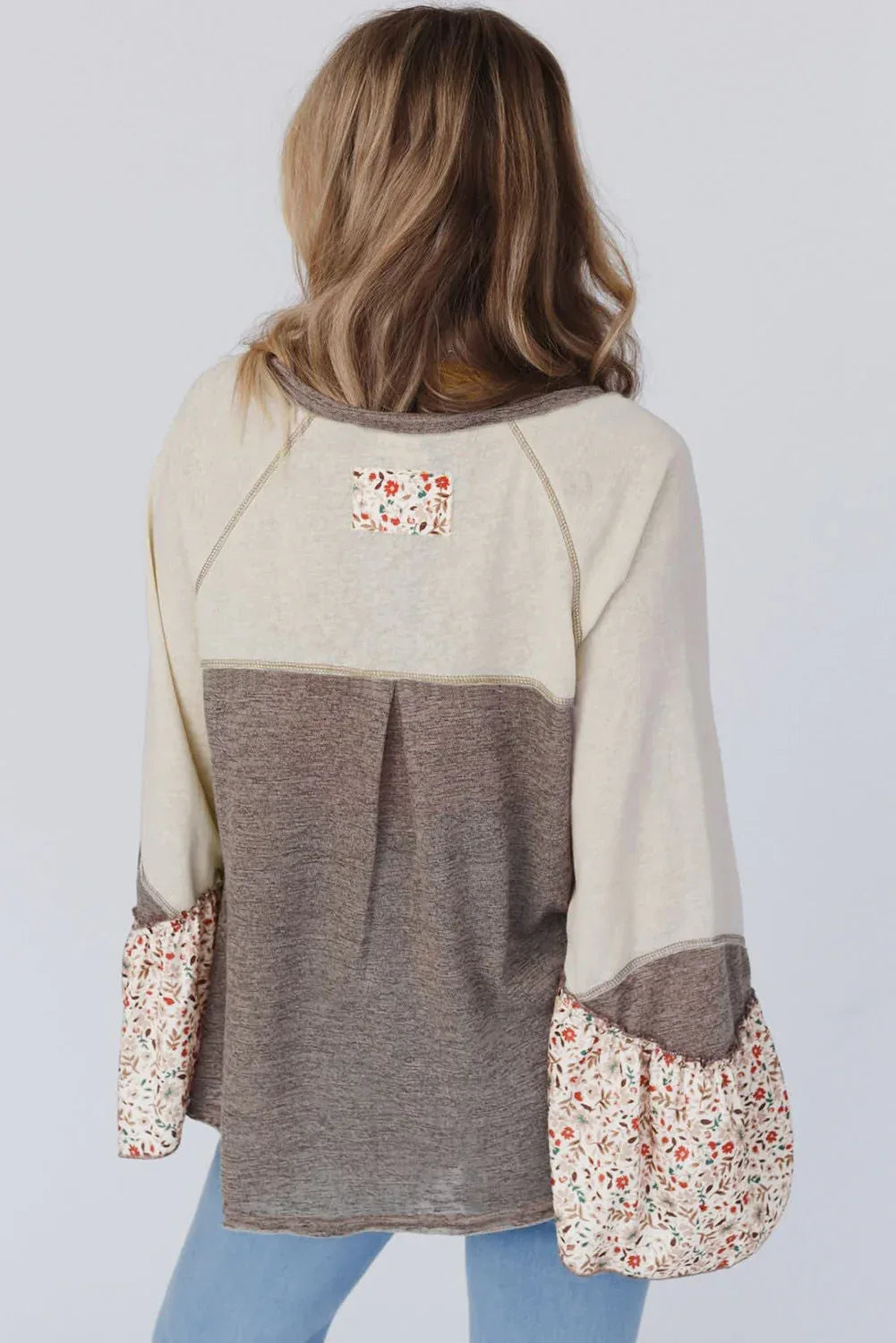 Floral Patchwork Flared Sleeve Henley Top Bazaare Mart Tops/Blouses & Shirts