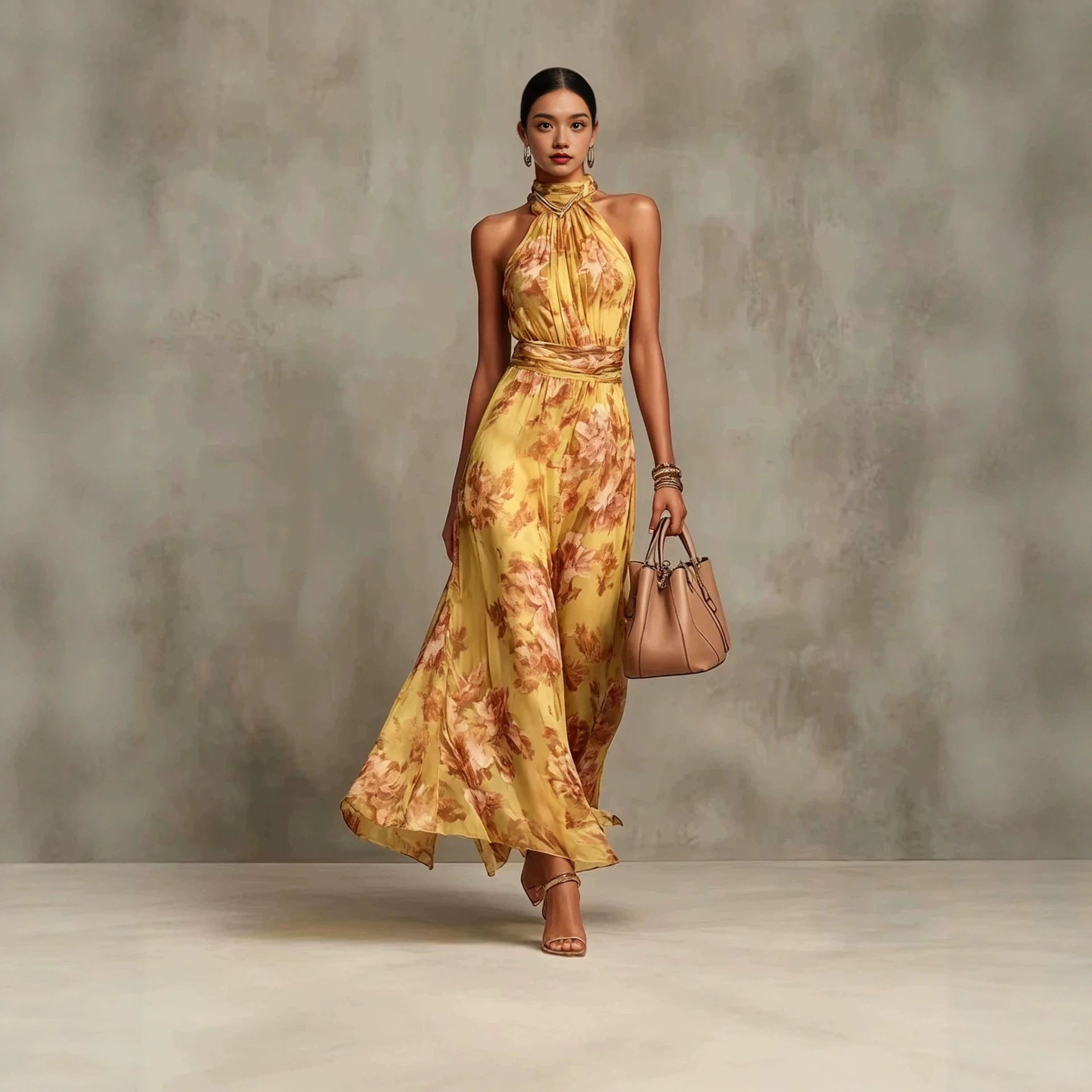 Neck-hanging Printed Chiffon Maxi Dress Gold CJ Dropshipping Maxi Halter Dress