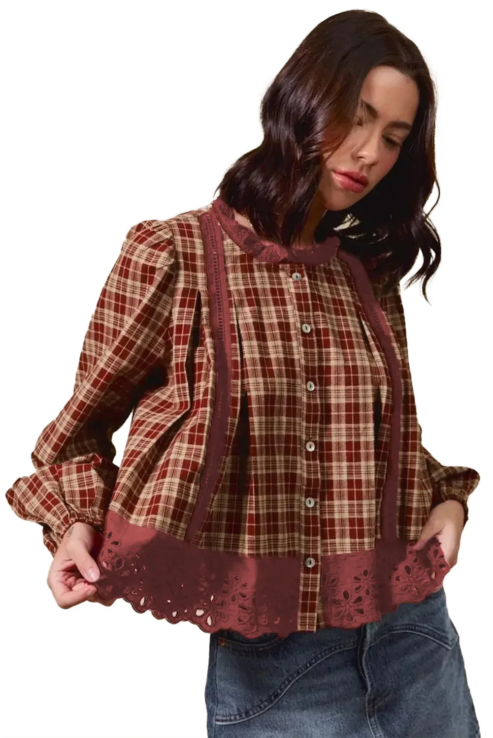 Vintage Red Plaid Lace Hem Button Down Shirt Shewin Long Sleeve Tops