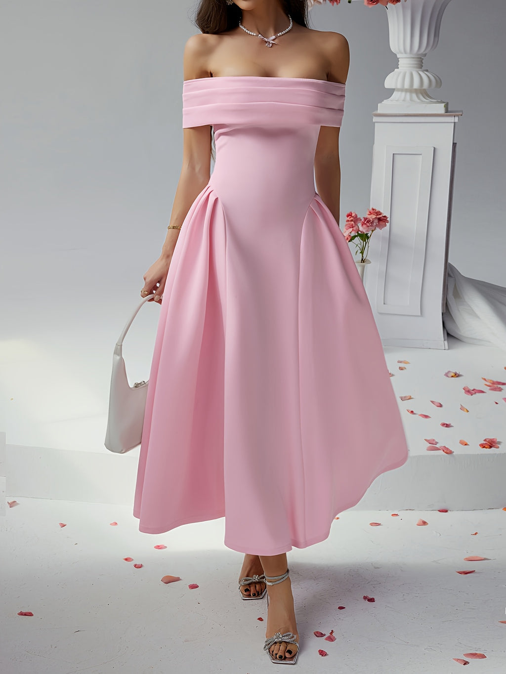 Elegant Pure Color High Waist Off Shoulder Midi Dress