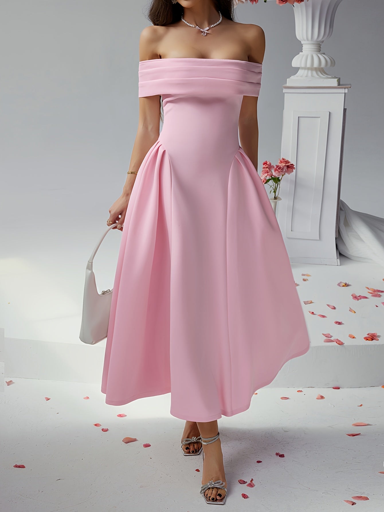 Elegant Pure Color High Waist Off Shoulder Midi Dress