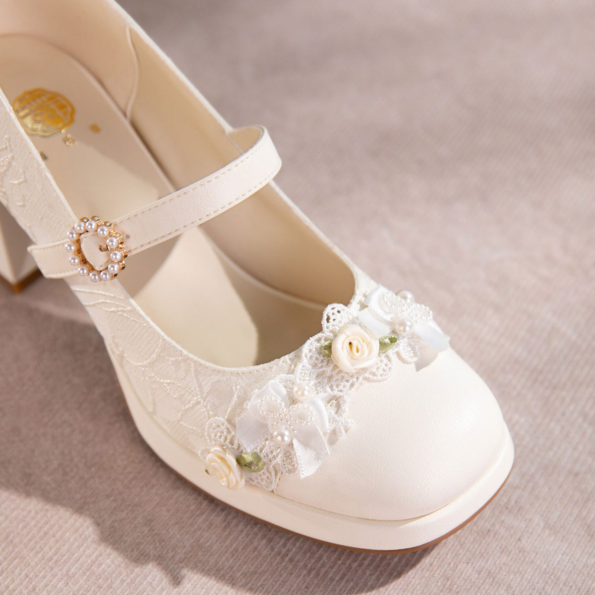 Lace Mary Jane Platform Heels – Pearl Bow Bridal Pumps | Retro Jacquard High Heels CJ Dropshipping Fancy Heeled Floral Mary Jane