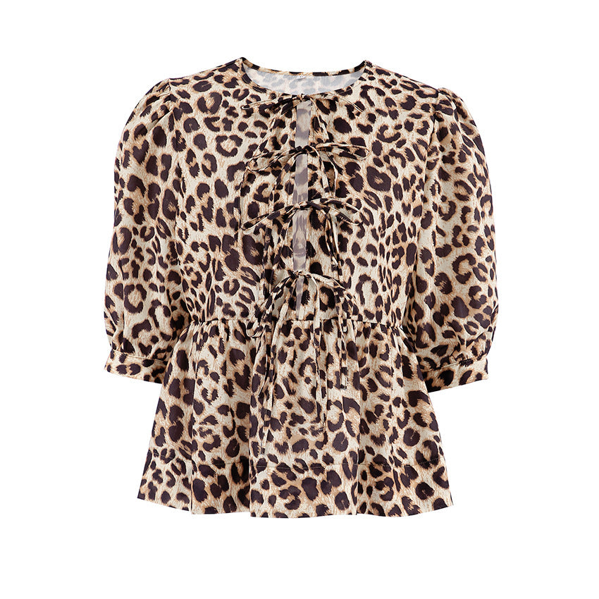 Leopard Lace-up Bubble Sleeve Blouse