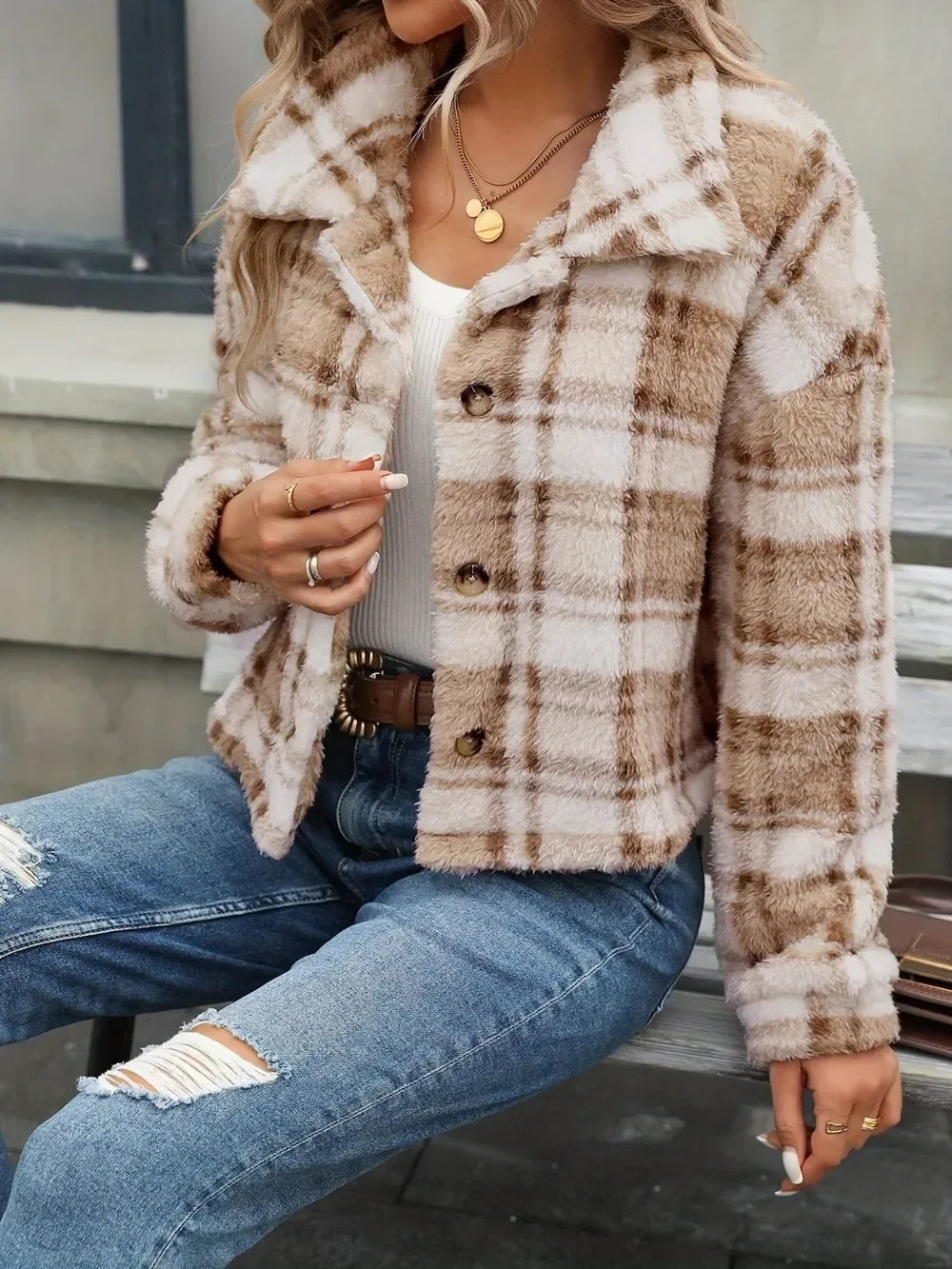 Furry Camel Plaid Button Up Crop Jacket Bazaare Mart Plaid Button Up Collared Neck Long Sleeve Jacket