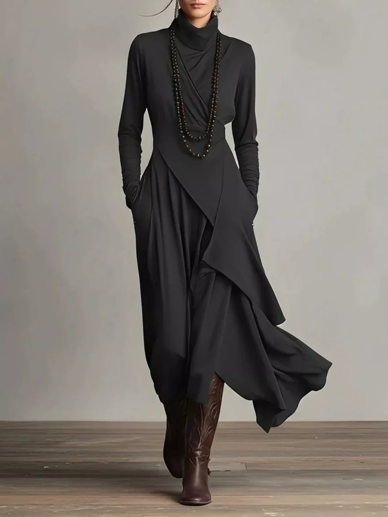 Full Size Turtleneck Asymmetrical Hem Maxi Dress Plus Size Black Bazaare Mart Turtleneck Asymmetrical Hem Maxi Dress