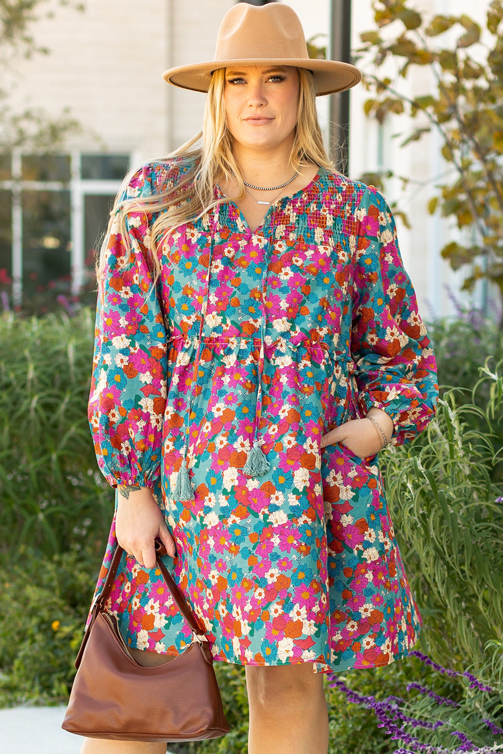 Blue Floral Shirred Ruffle Tiered Mini Dress