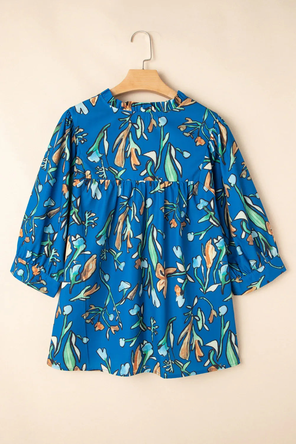 Blue Floral Notched V Neck Half Sleeve Blouse Bazaare Mart Plus Size/Plus Size Tops/Plus Size Blouses & Shirts