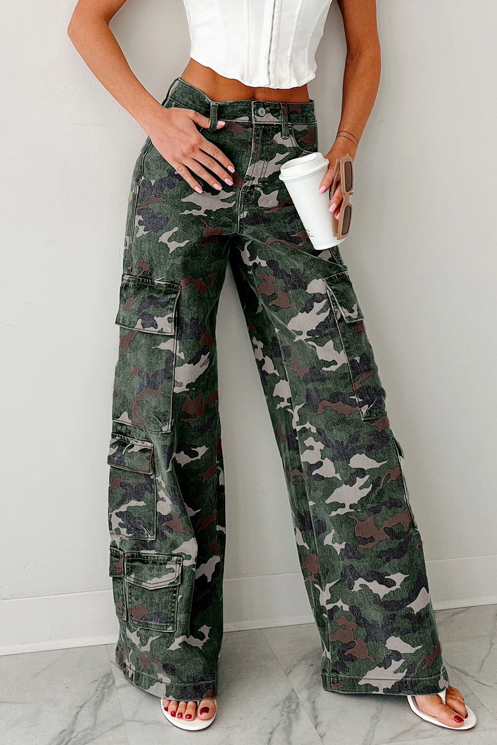 Green Camo Denim Cargo Wide Leg Pants Bazaarre Mart Bottoms/Jeans
