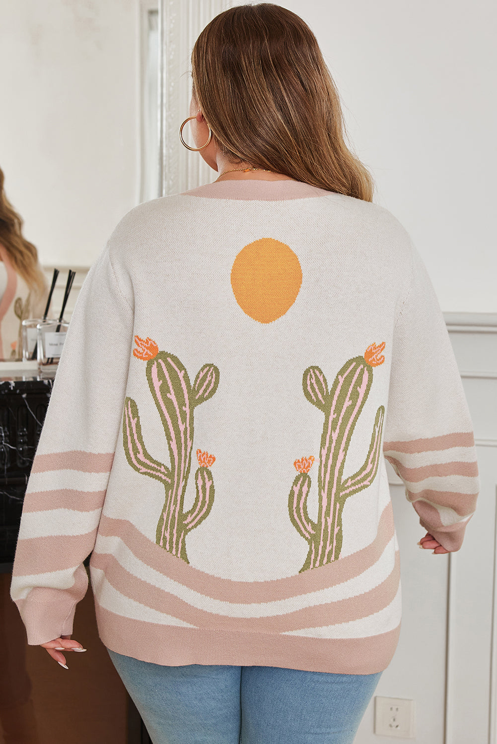 Apricot Western Desert Cactus Print Plus Size Button Cardigan Sweater