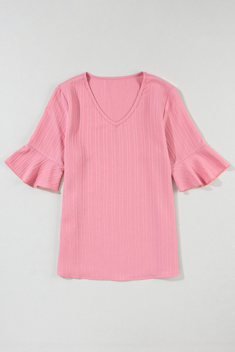 Peach Ruffled Half Sleeve V Neck Textured Top