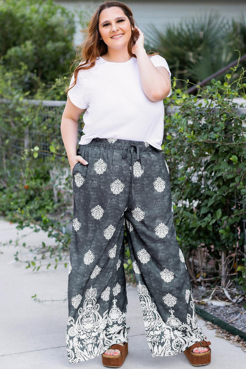 Black Plus Size Geometric Ethnic Print Drawstring Wide Leg Pants Dear-Lover Dropshipping Plus Size/Plus Size Bottoms