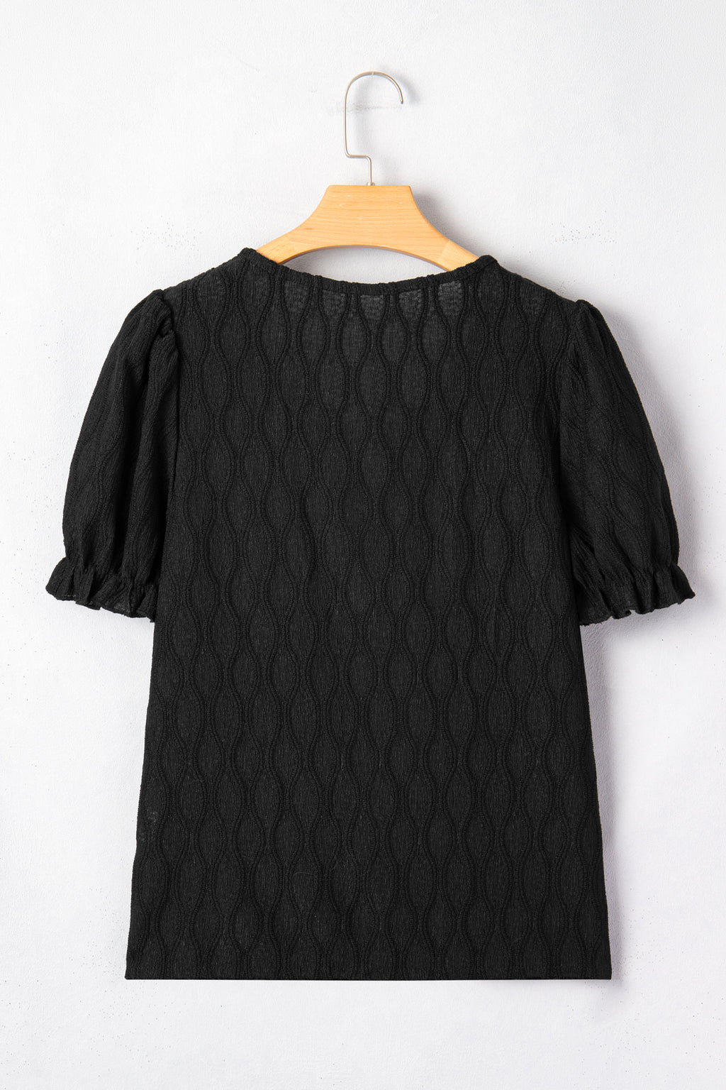 Solid Color Textured Notched Neck Puff Sleeve Blouse Bazaare Mart Tops/Blouses & Shirts