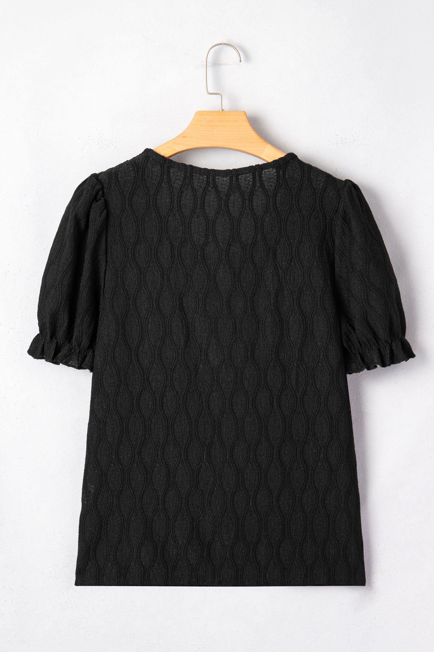 Solid Color Textured Notched Neck Puff Sleeve Blouse Bazaare Mart Tops/Blouses & Shirts