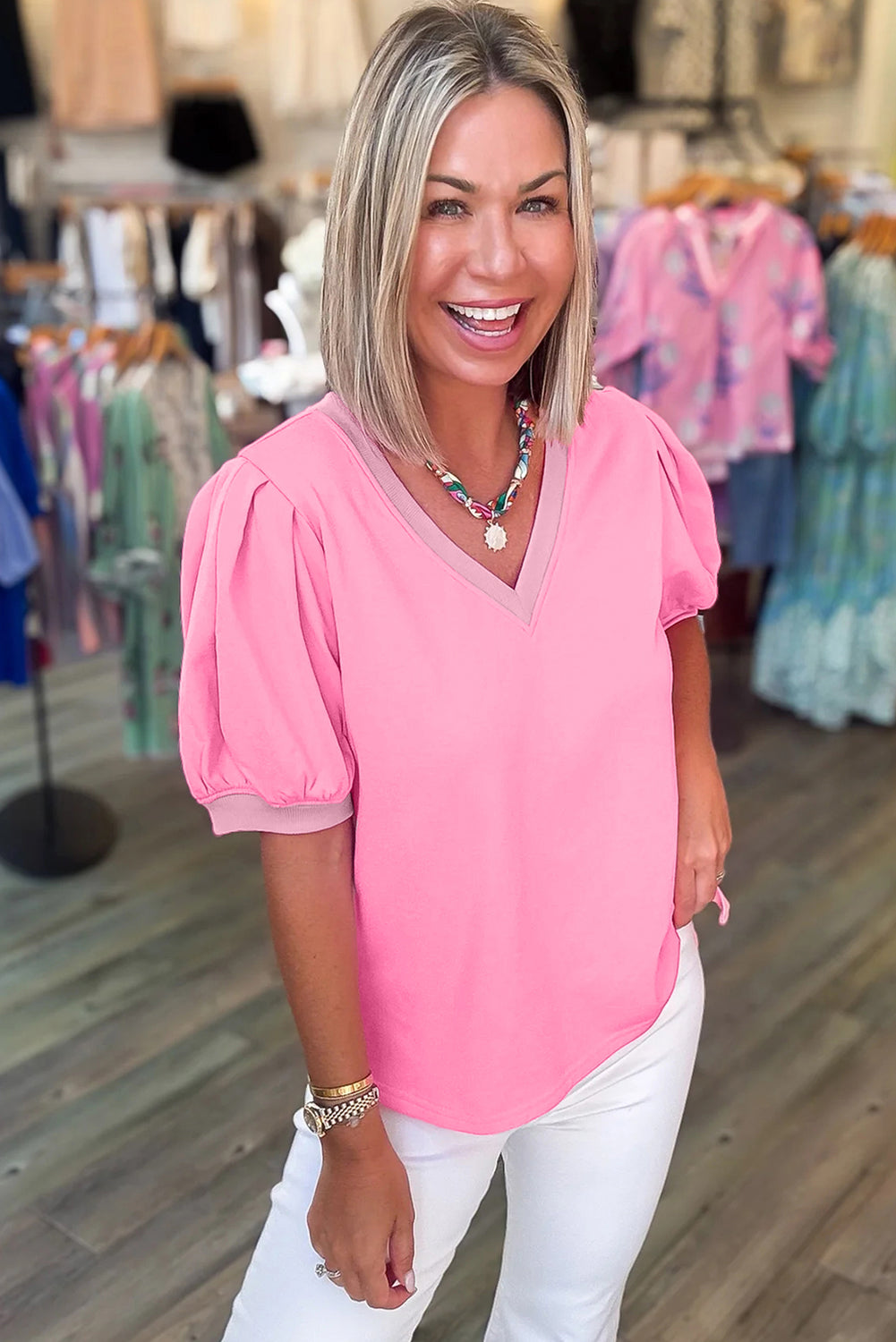 Yellow Solid Color V Neck Short Puff Sleeve Blouse Dear-Lover Dropshipping Tops/Blouses & Shirts