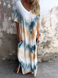 Tie-Dye Short Sleeve Lounge Maxi Dress Pastel Yellow Trendsi Pocketed Tie-Dye Short Sleeve Dress