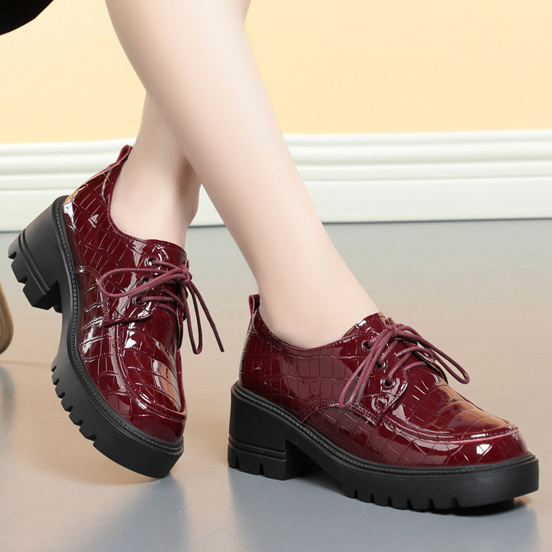 New Genuine Leather Chunky Heel Platform Lace-up Leather Shoes