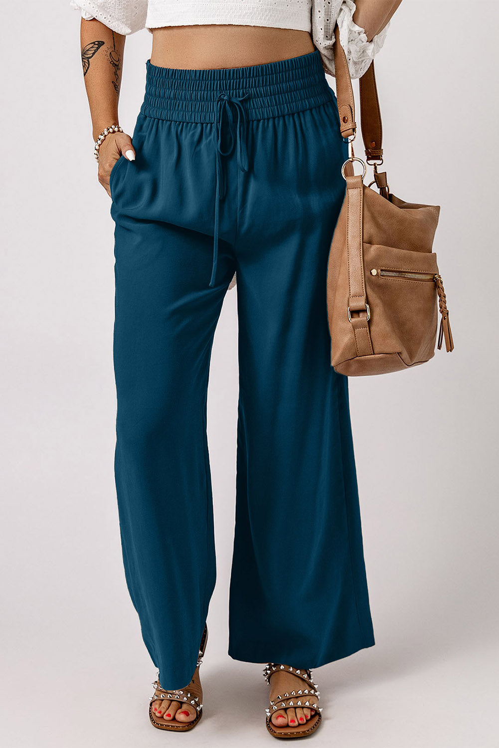 Drawstring Elastic Waist Casual Wide Leg Pants