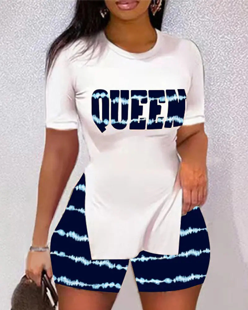 Women’s Printed Two-Piece Shorts Set – Trendy Split Sleeve Casual Matching Outfit Purplish Blue Letters CJ Dropshipping Plus Size Shorts Sets