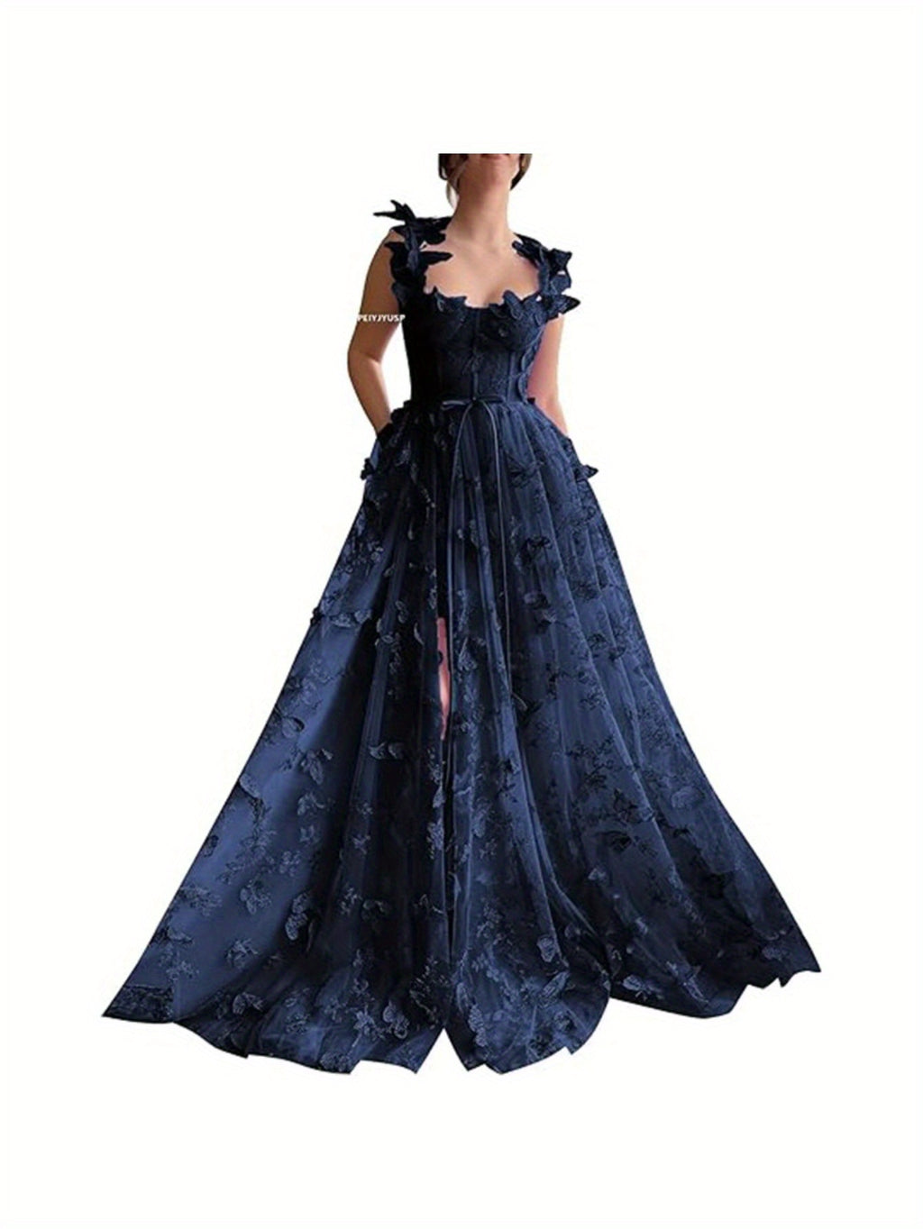 Elegant Long Sheer Flowy Floral & Butterfly Lace Gown