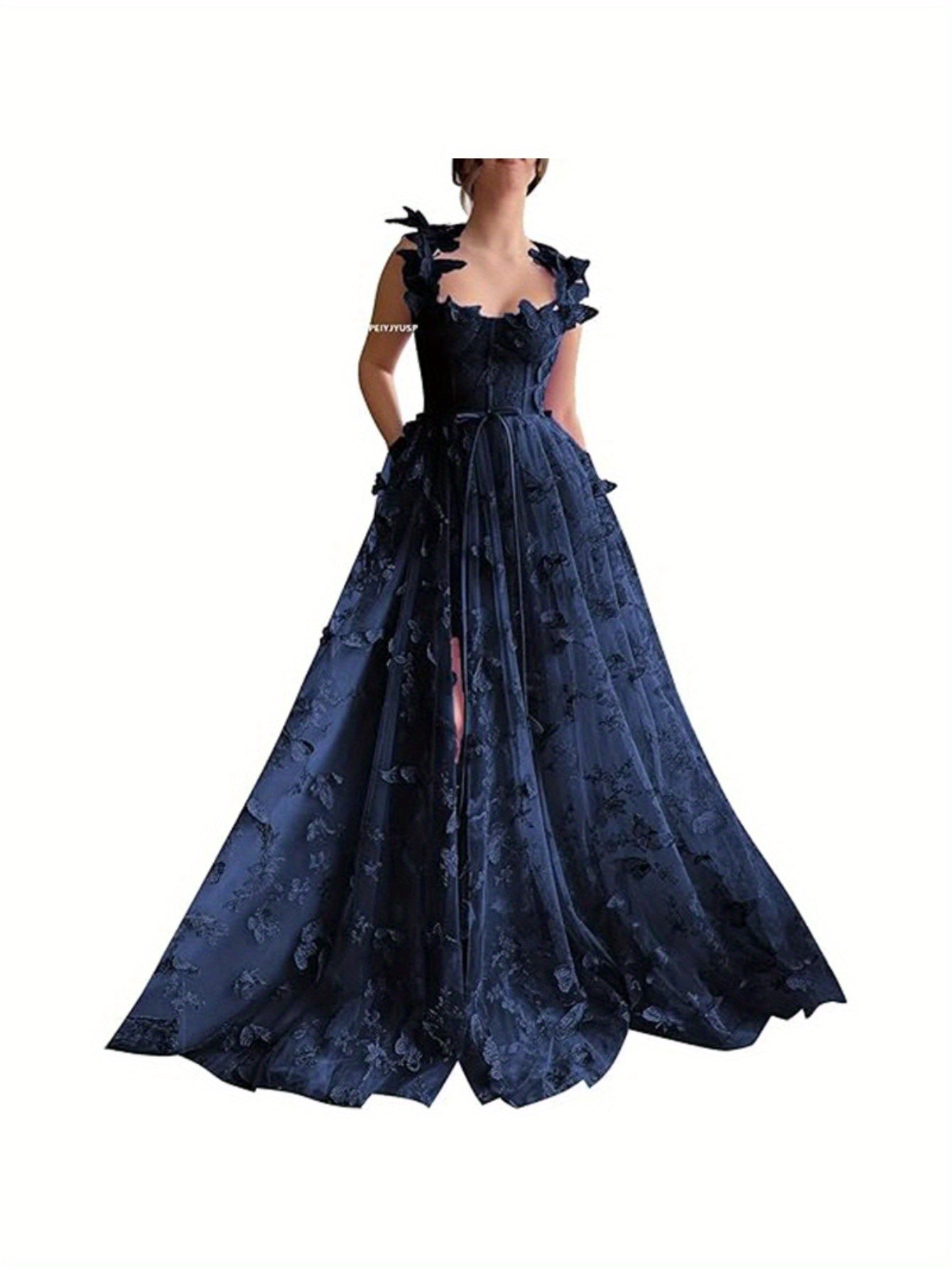 Elegant Long Sheer Flowy Floral & Butterfly Lace Gown