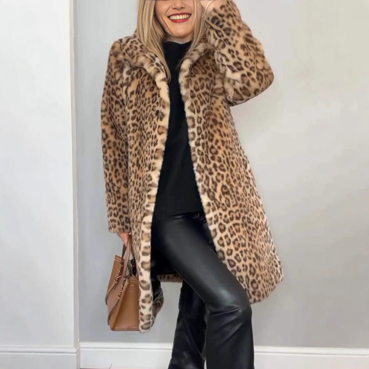 Faux Leopard Print Fur Dress Coat