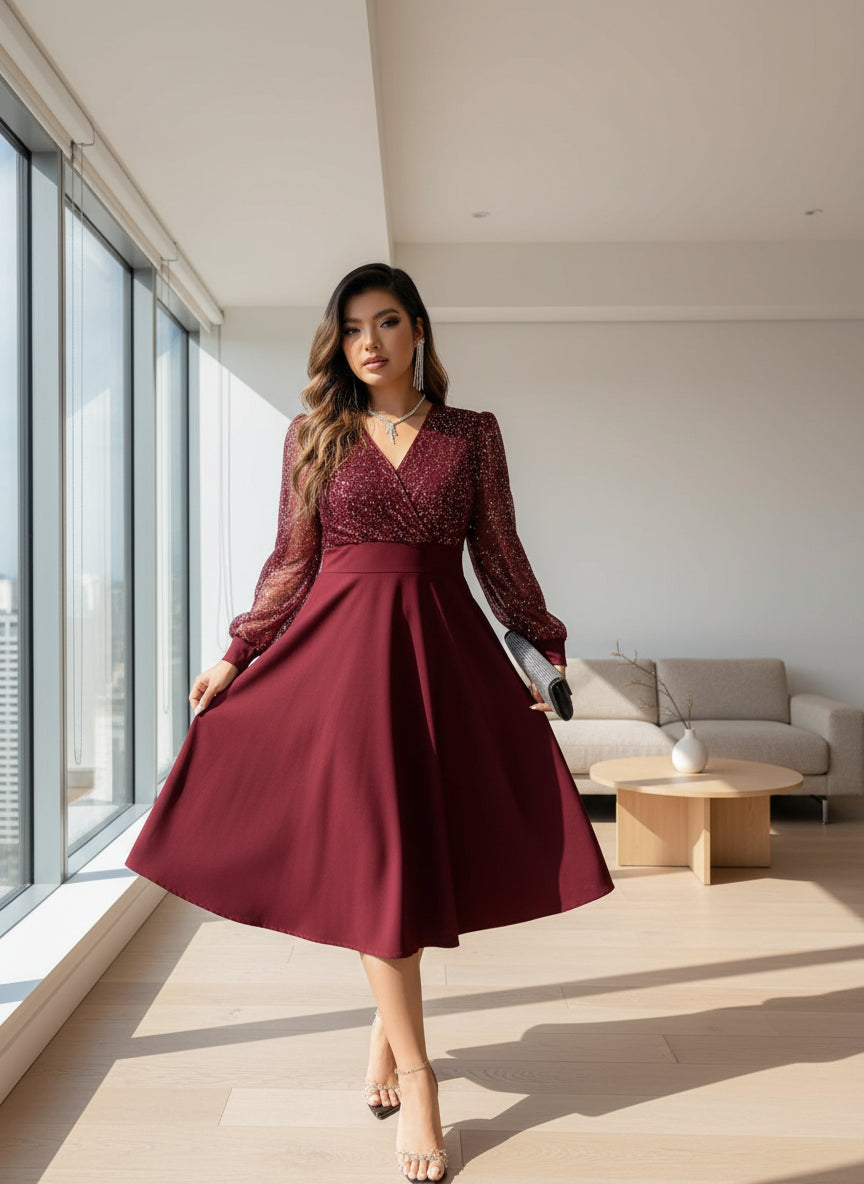 Burgundy Sparkling Sequin V-Neck Bell Sleeve Dress