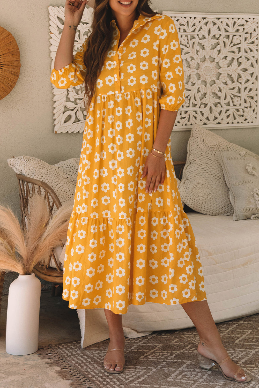 Yellow Flower 3/4 Sleeve Buttons Collared Maxi Dress