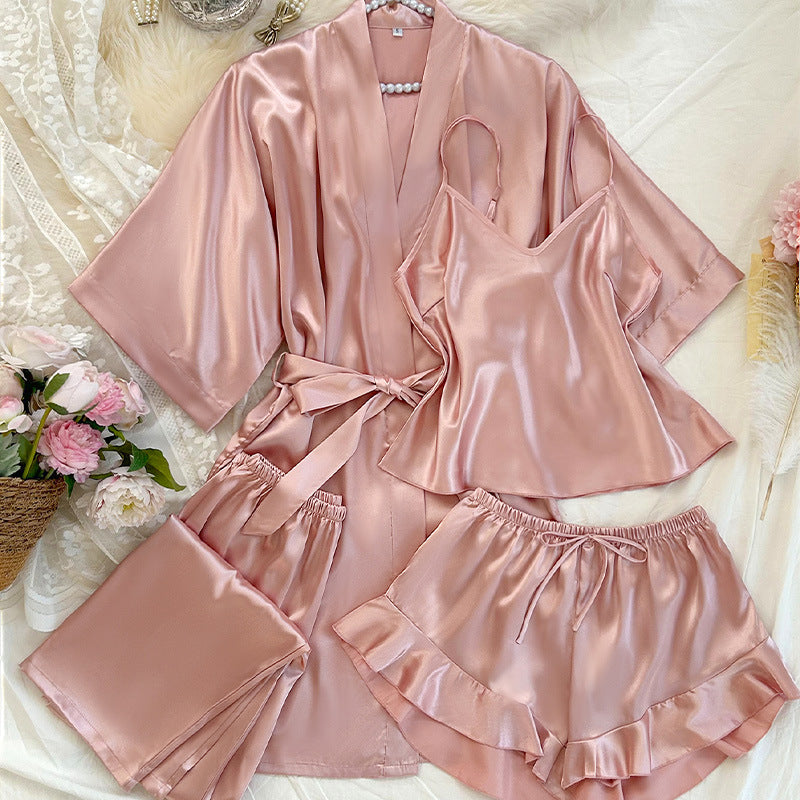 Silky 4-Piece Pajama Set for Women – Satin Cami, Robe, Shorts & Pants Sleepwear Set CJ Dropshipping Four-piece PJ Set