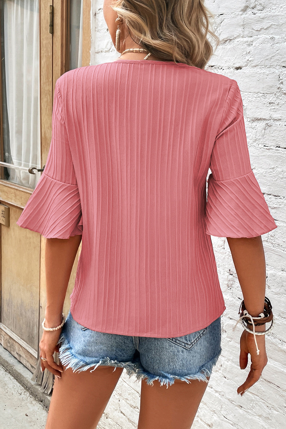Peach Ruffled Half Sleeve V Neck Textured Top