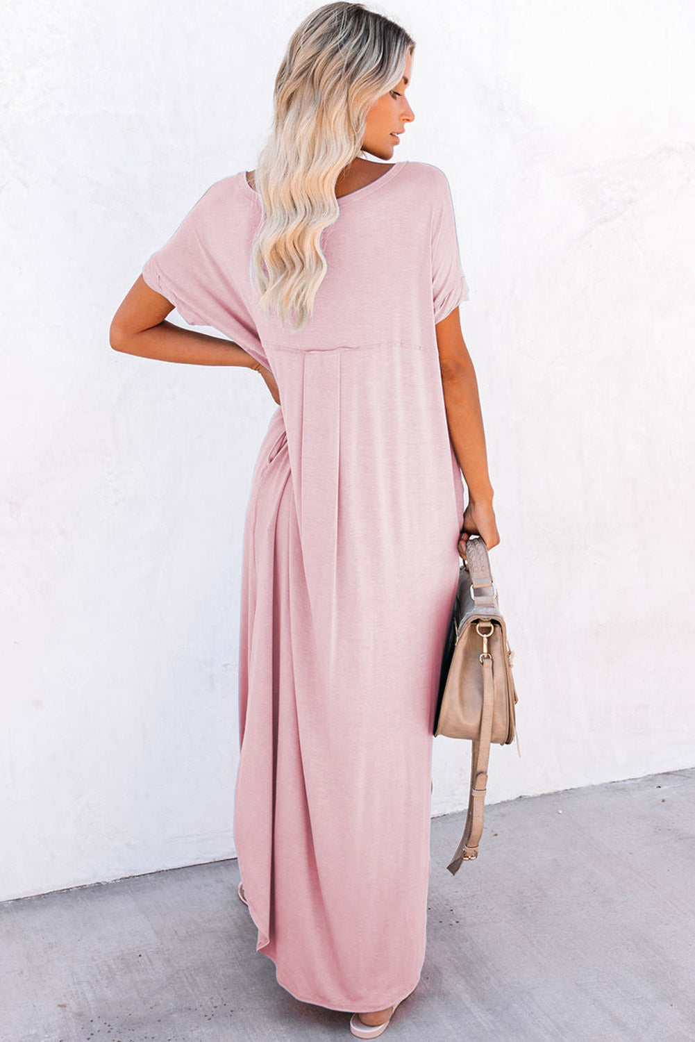 Pink V Neck Hidden Pockets Maxi T-shirt Dress