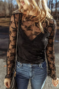 Black Lace Long Sleeve Top Black 90%Polyamide+10%Elastane Bazaare Mart Tops/Blouses & Shirts