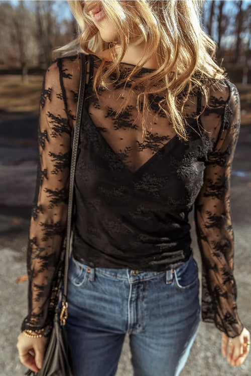 Black Lace Long Sleeve Top Black 90%Polyamide+10%Elastane Bazaare Mart Tops/Blouses & Shirts