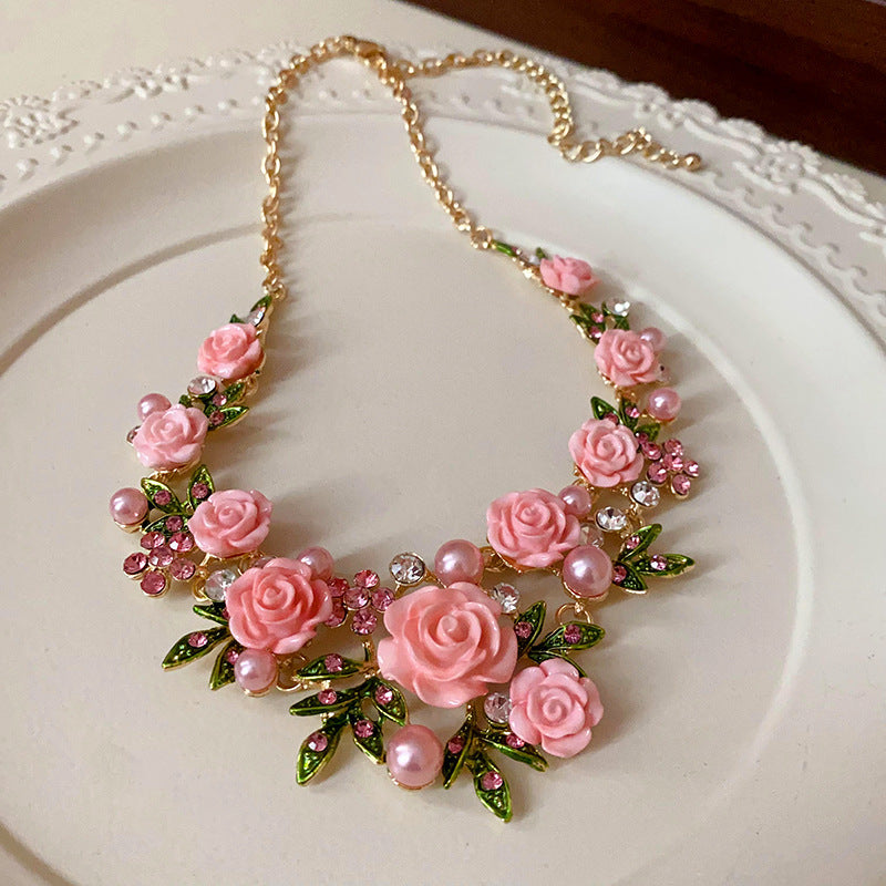 Pearl and Rhinestone-embedded Rose Necklace