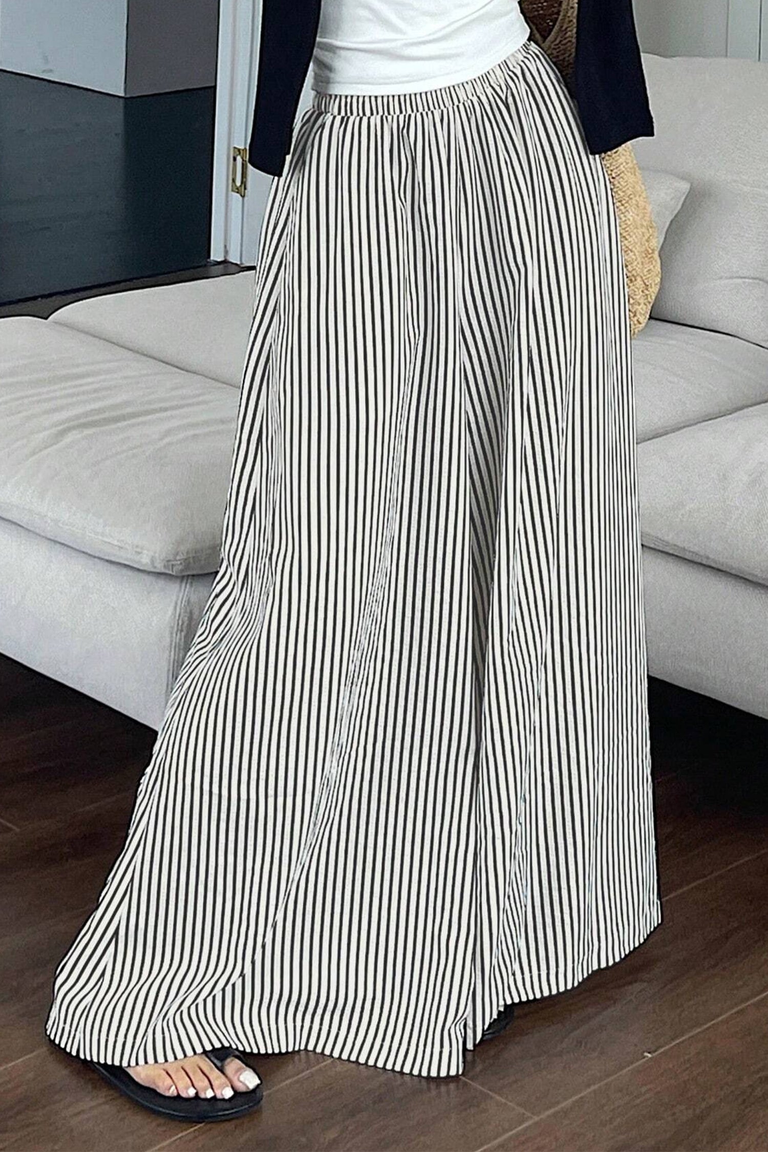 Black Stripe Elastic Waist Ultra Wide Leg Pants Dear-Lover Dropshipping Bottoms/Pants & Culotte