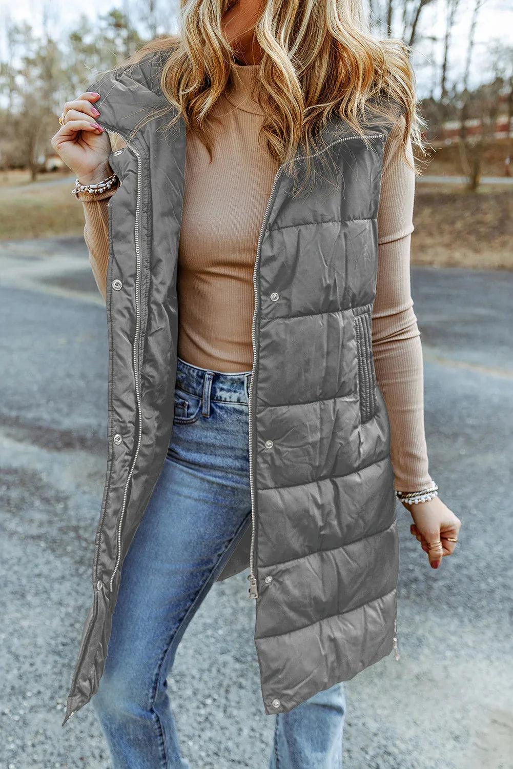 Black Hooded Long Quilted Vest Coat Dark Grey 100%Polyamide Bazaare Mart Outerwear